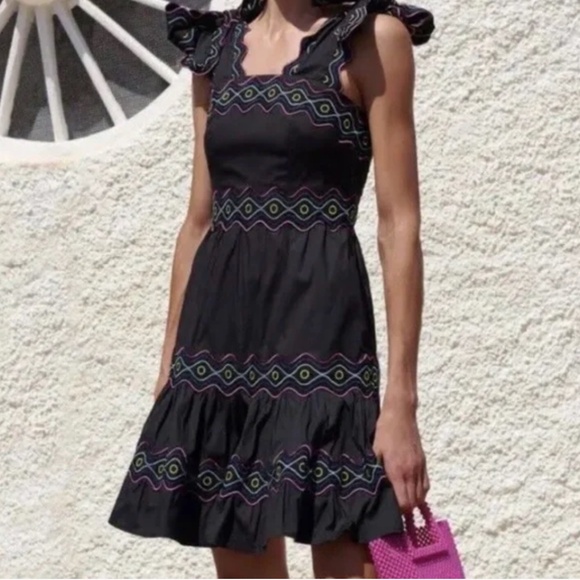 Celia B Size Medium Umi Short Dress In Black Tie Shoulder Scalloped Edge Size Sm - Picture 1 of 10